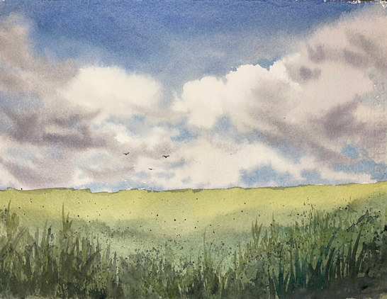 A soft watercolor landscape shows a wide meadow beneath large drifting clouds, with layered grasses in the foreground and three tiny birds flying across the open sky, creating a quiet sense of distance and calm.