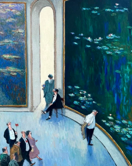 au musée d'Orsay, un homme ayant ôté sa veste se plonge dans la fraîcheur des nymphéas