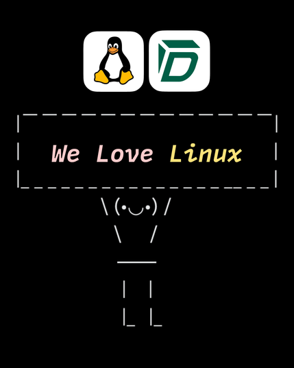 Penguin and Tuta Drive logo with man holding up a sign saying "We love Linux"