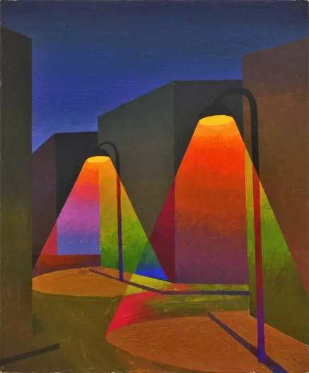 The painting features a deceptively simple style, with buildings depicted as plain, solid-colored cubes arranged in a nighttime scene.
