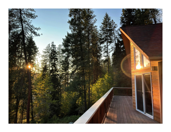 A view from the upper wooden deck of a two-story house overlooking a forest of tall conifer trees under a blue evening sky. It’s golden hour, and the setting sun peeking through the branches at left is reflected brilliantly in the windows of the house’s second floor at right.