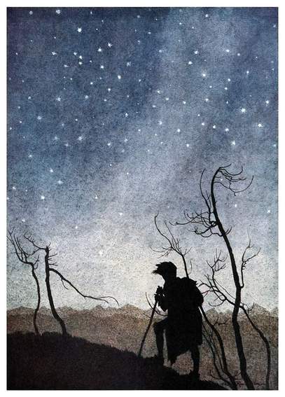 A man walking with a staff is silhouetted against a vast starry sky as he reaches the crest of a hill dotted with slender, leafless trees.