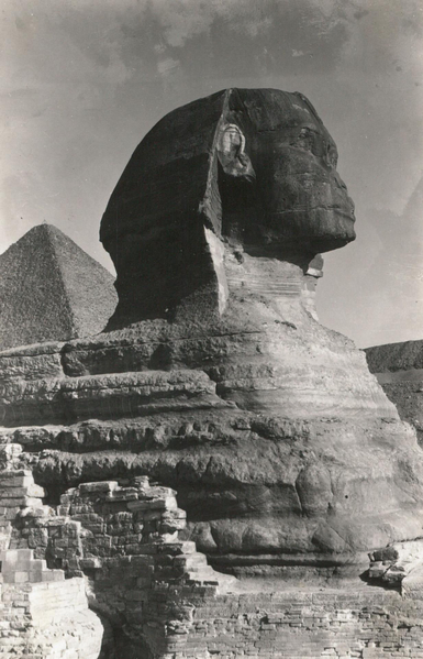 le visage noirci par les UV du Sphinx de Gizeh