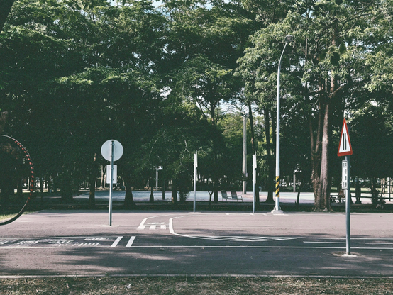 Empty street with traffic signs, benches, trees, and a streetlight in a park.