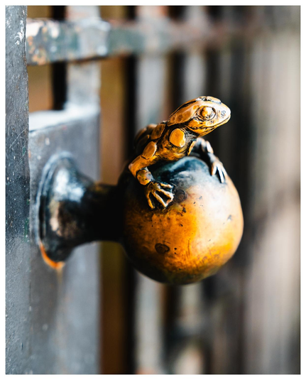 Knauf aus Bronze an der stählernen Tür vor dem Eingang einer Grotte. Ein Salamander (?) sitzt auf dem Knauf. Ach ja, das Tierchen ist auch aus Bronze.