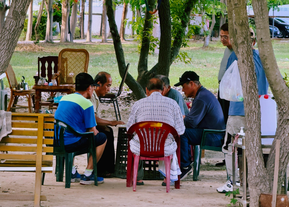 A group of men are sitting together on a mix of chairs outdoors, surrounded by trees, engaged in a discussion or game.