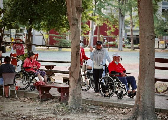 People in wheelchairs and walking, outdoors in a park with trees and benches, some wearing masks, relaxing and socializing.