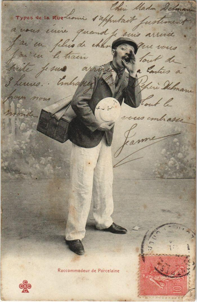 raccommodeur de porcelaine, carte postale vintage
