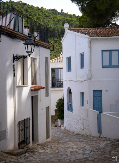 Color photo of white houses with tiled roofs set at different angles along a bend in a cobblestone street. 