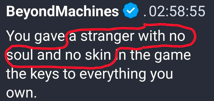 Quote of a toot from the account BeyondMachines.

Originally it said, "You gave a stranger with no soul and no skin in the game the keys to everything you own."

A poetion of this message has been circled in red, which reads: "a stranger with no soul and no skin".