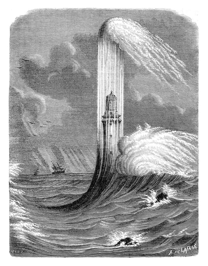 View of the Eddystone Lighthouse in a storm, with waves breaking forcefully against the structure.
