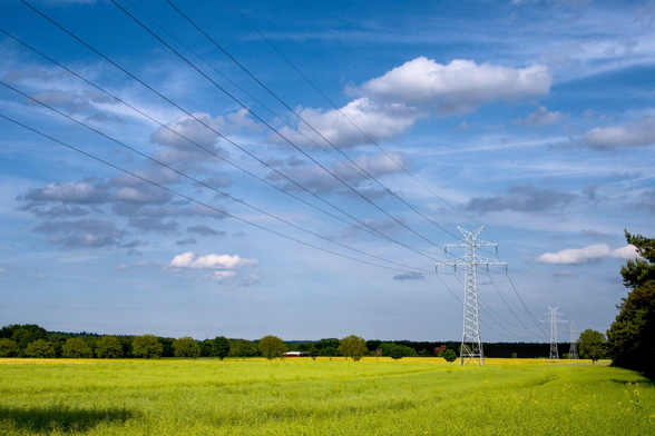 Freistehende Hochspannungsmasten in einer gelb-grünen Wiesenlandschaft unter blauem Himmel mit Wolken