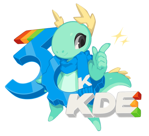 Kori, the KDE pet dragon, with the 30th anniversary logo