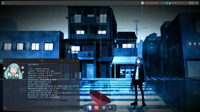 A KDE Plasma desktop environment with a rainy animated background of Hatsune Miku looking up at the sky, at the top of the screen is a MacOS-style 'Menu Bar' with tasks icons and a widget displaying an album cover inline with text saying "Anamanaguchi - Miku", the widget is partially filled to convey the progress of the song, on the bottom left is a terminal displaying a Neofetch-style information dump with a picture of Hatsune Miku for its distribution logo, centred at the bottom of the screen is a MacOS-style dock with File Explorer, Vivaldi Browser, Zed Editor, and Ghostly inside it, all applications are closed except for Ghostty.

Terminal Window Content
```
emily@miku
𓆩♡𓆪
OS: CachyOS x86_64
Host: ThinkPad L13 Yoga
Kernel: Linux 7.0.9-1-cachyos
Uptime: 1 hour, 8 mins
Shell: fish 4.7.1
Display: 1920x1080 @ 60Hz
DE: KDE Plasma 6.6.5
Terminal: ghostty
CPU: Intel(R) Core(TM) i5-10210U (8) @ 4.20 GHz
Memory: 5.96 GiB / 15.33 GiB (39%)
Swap: 0 B / 15.33 GiB (0%)
Disk (/): 143.85 GiB / 476.41 GiB (30%)
Local IP: 192.168.1.113/24
Battery: 100% [AC Connected]
```
