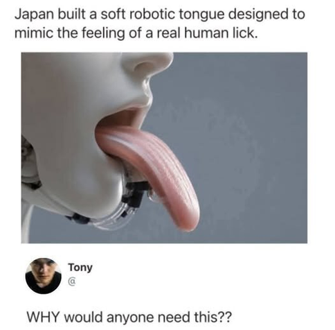 Japan built a soft robotic tongue designed to momic the feeling of a real human lick
[Photo of a robot sticking its tongue out]

WHY would anyone need this??