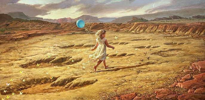 A young girl in white dress runs barefoot across dry earth with her blonde hair bouncing as en masse with her stride. In her left hand, she delicately pinches the string of a blue balloon as dozens of pale white and yellow butterflies trail her. From behind, the sun casts a long thin shadow ahead of her. All around her, massive impressions of dinosaur footprints sink into the ground. They run offset in parallel tracks to the low rusty rim of what might be a crater. Mixed among the larger tracks are smaller bird-claw impressions from a raptor.

