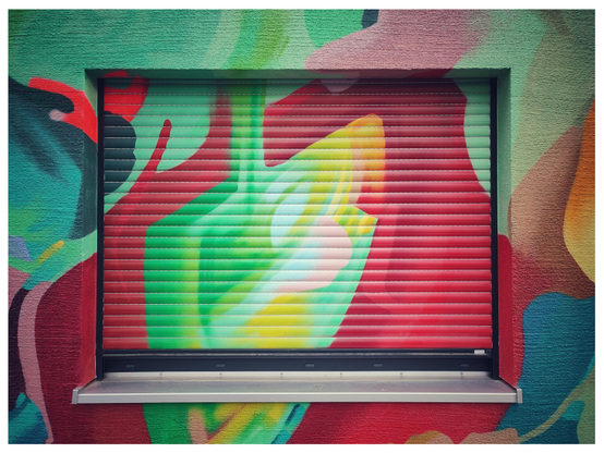 Farbfoto im Querformat mit weißem Rand. Zu sehen ist ein Fenster in einer Wand, es ist mit einer Außenjalousie verschlossen. Wand und Jalousie sind mit den gleichen bunten Auftragsgraffiti bedeckt und gehen optisch ineinander über. Nur das Fensterbrett aus Aluminium ist ohne Farbe geblieben. 