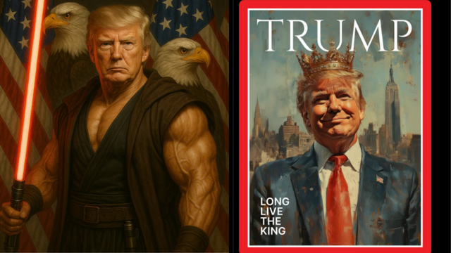 Two screenshots of AI slop generated by the trump administration: One of Trump as Sith loard, one as king