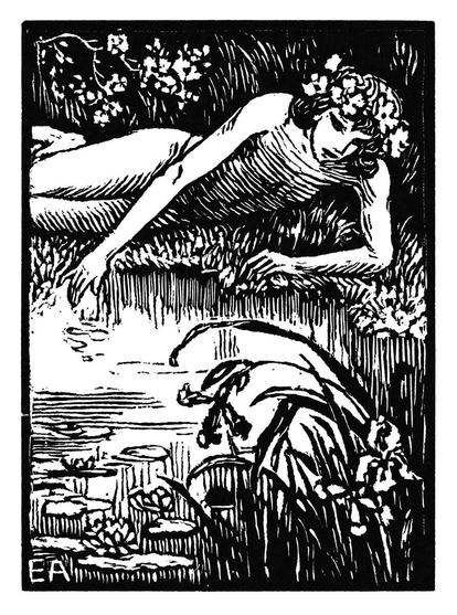 Narcissus, wearing a floral wreath, reclines on the bank of a pool. His fingers lightly brush the water’s surface as he gazes at his reflection.