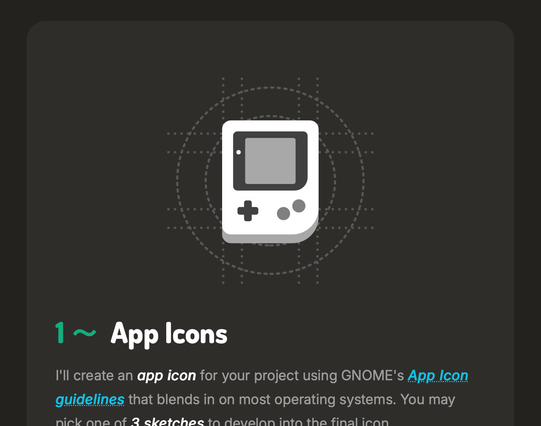 Screenshot of the Services page. Showing a Game Boy app icon on top of a grid of blueprint lines and some explanatory text below.