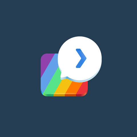The new icon for Nexus in GNOME style on a dark blue background. A rounded rectangle with diagonal rainbow pattern. A circular white chat balloon with a blue ">" pops out of the middle of it.