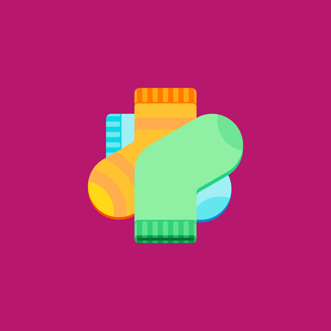 A pile of 3 socks (green, striped orange and blue) on a pink background.