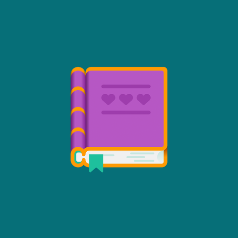 A pink book with golden bindings and edges on a teal background. The cover has 3 small hearts.