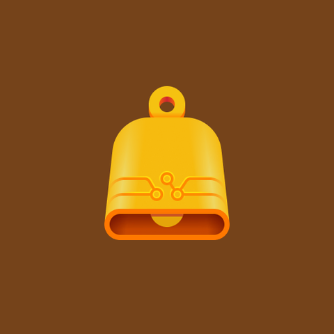 The new icon for Gitte in GNOME style on a brown background. A vibrant yellow bell with edged in markings going around it looking like a Git commit graph.
