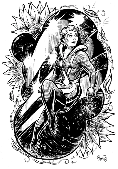 A curly haired woman, dressed in a 1940s Flash Gordon-esque spacesuit and holding a lazer gun, floats in a bubble of lights and sunbursts, in a series of small bubbles. Sunflowers bracket the sides of the bubbles, and vines wrap around the outer edges.