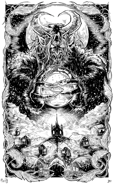 A drawing of the folktale villian Krampus, a large, imposing demonic figure with gigantic horns, a massive fur coat, and sharp, jagged teeth. He is hovering in the night sky, massive and towering, with the moon behind his head. 

Below Krampus is a small, snowy town, framed by mountains. A small, ominous church stands in the middle of the image, with a small city of random buildings strewn around it in a radial pattern. Krampus's claws hold a snowglobe with a tiny version of the town in it, as if about to break the snowy town itself beneath his clawed hands.