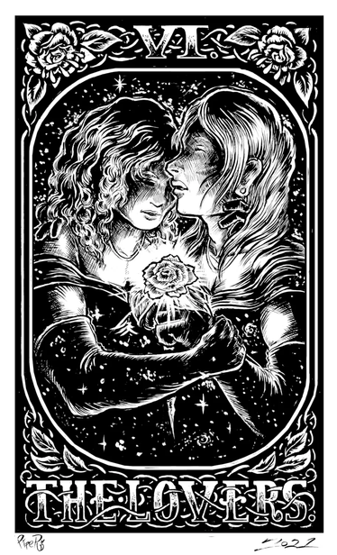 Two trans femme figures, in flowing gowns and locked in an embrace, hold a rose between them as they all dissolve into stars. A Tarot card-esque border wraps around the edges of the illustration, which reads VI: THE LOVERS in a very bold and embossed font, wrapped in vines and roses.