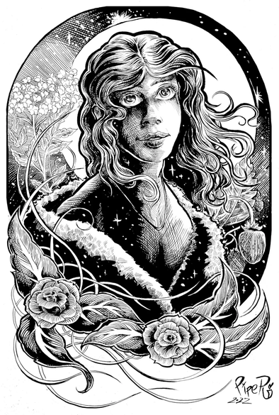 A trans femme with flowing curly hair and wearing a simple chain and a fur coat looks longingly into the distance behind the viewer, as roses and strawberry plants cover her in thorns and vines and the moon hovers just behind her head.