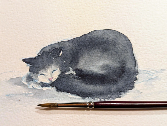 Handmade watercolor sketch of a sleeping tuxedo cat by artist Karen Kaspar
