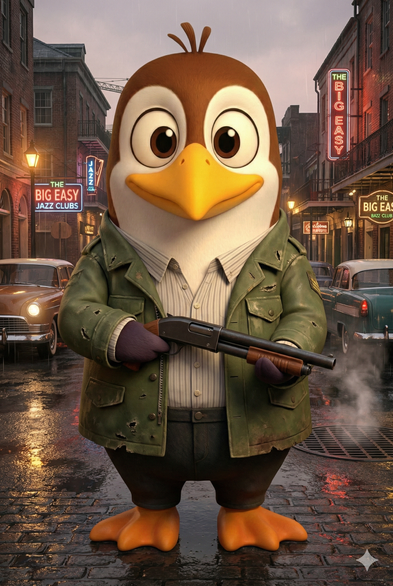Ein moorpinguin im Stil von Mafia III, erstellt mit Google Gemini.