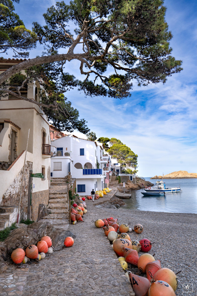 Color photo of a stone pathway lined with colorful buoys leading to stuccoed buildings and a beach along a waterfront cove in a Catalan seaside village. Overhead is a large tree branch extending out over the pathway and moored in the cove are a couple of small boats. 