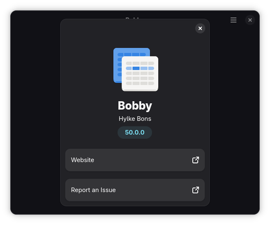 Bobby's about dialog showing the new icon: two stacked windows, blue and white, showing 5 table rows each. The front white one has the second row highlighted in blue.