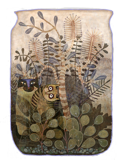 In a glass jar, two cat friends find a comfortable place to chill. One is a Siamese cat, the other a rather perplexed looking creature, who is maybe wondering how he got here. (Colorway #1, FULL image)
