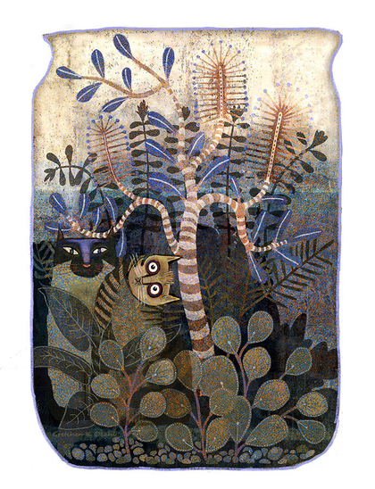 In a glass jar, two cat friends find a comfortable place to chill. One is a Siamese cat, the other a rather perplexed looking creature, who is maybe wondering how he got here. (Colorway #2, FULL image)
