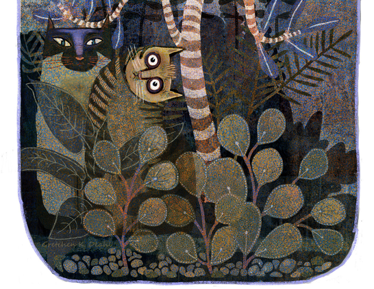 In a glass jar, two cat friends find a comfortable place to chill. One is a Siamese cat, the other a rather perplexed looking creature, who is maybe wondering how he got here. (Colorway #2, partial image)