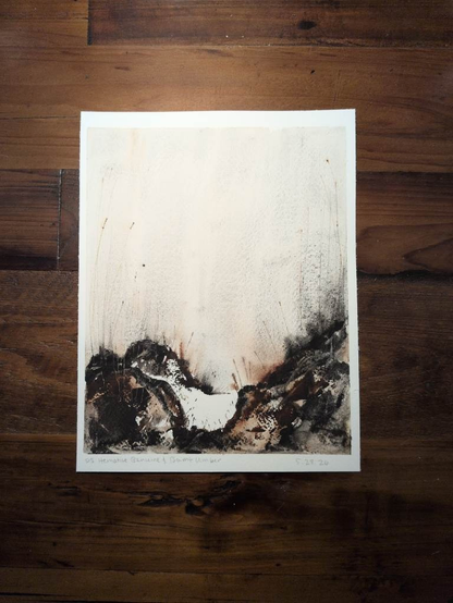 This is an Atmospheric Watercolor Landscape Painting in portrait orientation using Daniel Smith Hematite Genuine and Burnt Umber. The landmass is rugged and dark with peaks of light value and the white of the page. The atmosphere is warm from the Burnt Umber with lots of gritty granulation from the Hematite Genuine. The value is quite light after the initial burst of pigments from the landmass at the horizon line. Grasses reach into the atmosphere and add more texture to the landmass.
