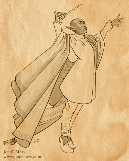 Drawing of a well-dressed elf draped in flowing fabric standing as if conducting an orchestra