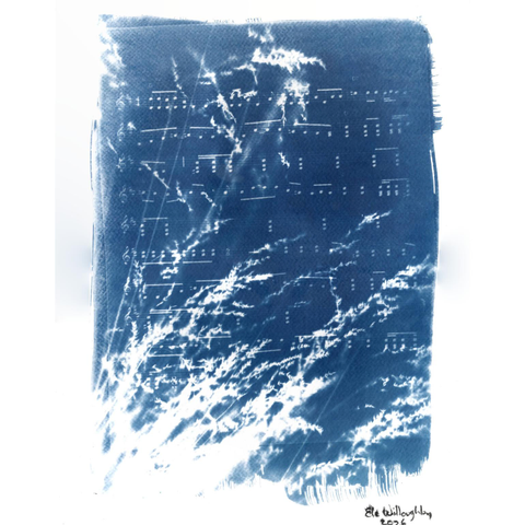 As described this is my 11”x14” cyanotype on watercolour paper with Kentucky bluegrass and some of the sheet music for Bill Monroe’s Blue Grass Stomp. There’s a white margin, my signature and year (Ele Willoughby, 2026).