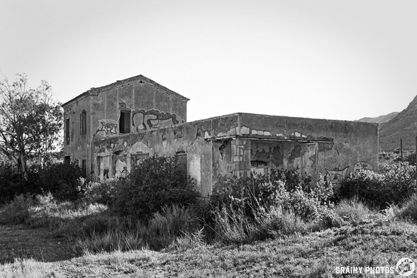 A black and white image of a weathered, abandoned building surrounded by overgrown vegetation, with murals partially visible on its exterior, set against a backdrop of distant hills.