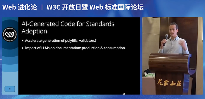 Snapshot of the video presentation of Dominique Hazaël-Massieux showing the slide "AI-Generated Code for Standards Adoption"
    - Accelerate generation of polyfills, validators?
    - Impact of LLMs on documentation: production & consumption