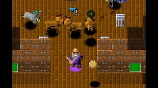 Screenshot of Super 2D Noah's Ark, a mod of the FPS game but inside C-Dogs SDL, an open source top-down run-and-gun. It depicts the player, an old bearded man in a purple tonic holding a giant slingshot, running away from a crowd of antelopes, oxen and ostriches, in a wooden level with some metal cages placed here and there