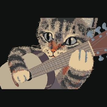 Pixel art of a tabby cat playing an acoustic guitar, used as an album cover