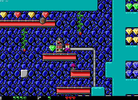 In game footage of OpenCrystalCaves, an open source engine remake of Crystal Caves, the DOS platforming game. It depicts the player, a blonde miner wearing a purple onesie, jumping around varied levels filled with monsters, obstacles and collecting lots of gems