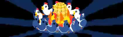 Pixel art animation of about a dozen white chicken dancing rhythmically around a corn in a bonfire, as if in a ritual. The fire casts stark shadows into the distance