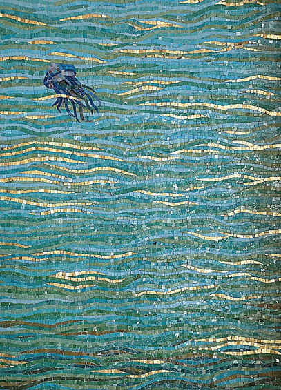 mosaïque d'une méduse cubaine flottant dans les eaux vertes et bleues
