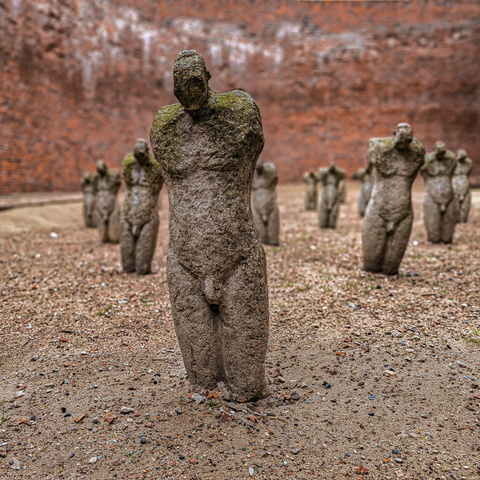 A collection of coarse, stone-textured sculptures stand in a flat, sandy, or finely gravelled outdoor courtyard. Small pebbles and bits of brick or stone debris are scattered around them.

A single, prominent sculpture stands directly in the center foreground, sharply in focus. Green moss or lichen patchily covers the shoulders and upper chest.

Multiple similar figures are scattered across the midground and background. They vary slightly in posture, and they gradually blur out of focus due to a shallow depth of field, creating a sense of depth and repetition.

The open-air art installation is titled ‘Army of angels' and is made by Patrick Storms.